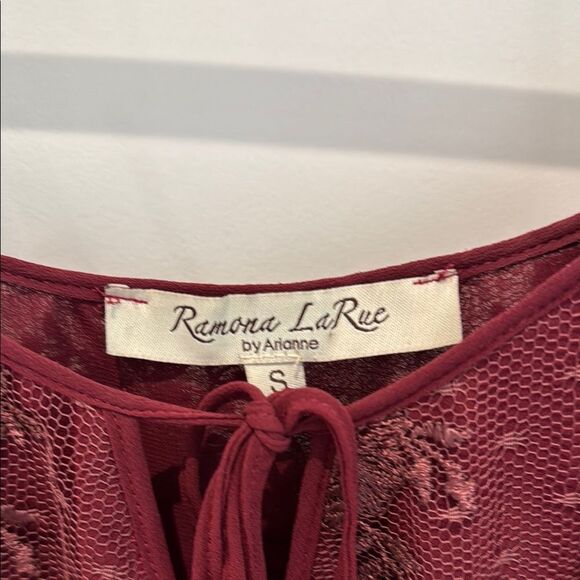 RAMONA LA RUE burgundy lace over chiffon off shoulder boho party dress S - Picture 2 of 9